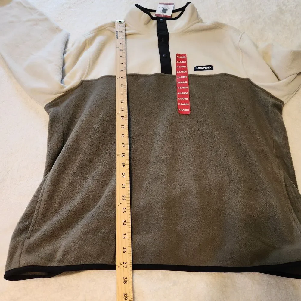 NWT Lands End Mens 1/4 Snap Fleece Pullover Beige & Green Colorblock Pockets XL
